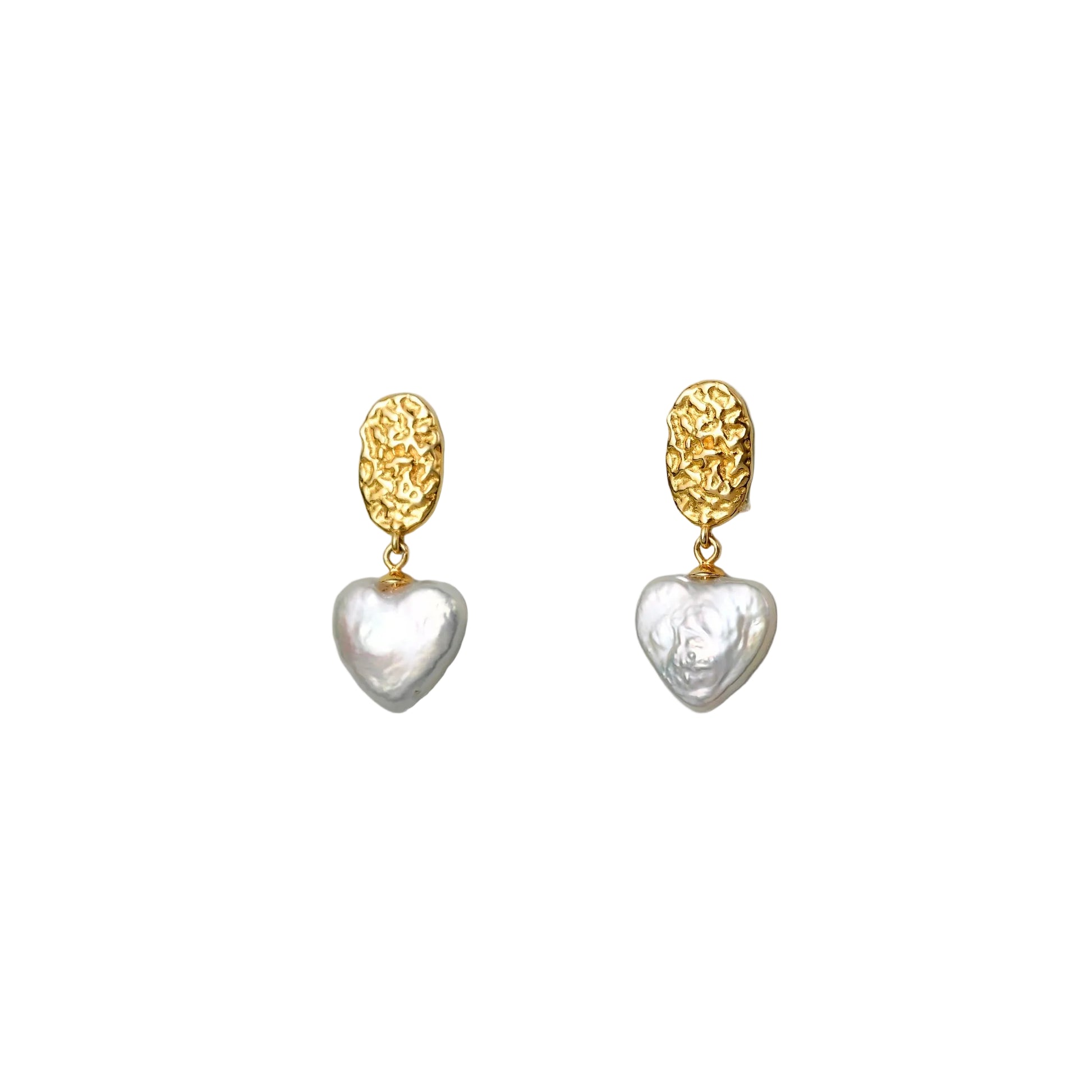 Textured gold heart shaped baroque pearl dangle earrings for women 
