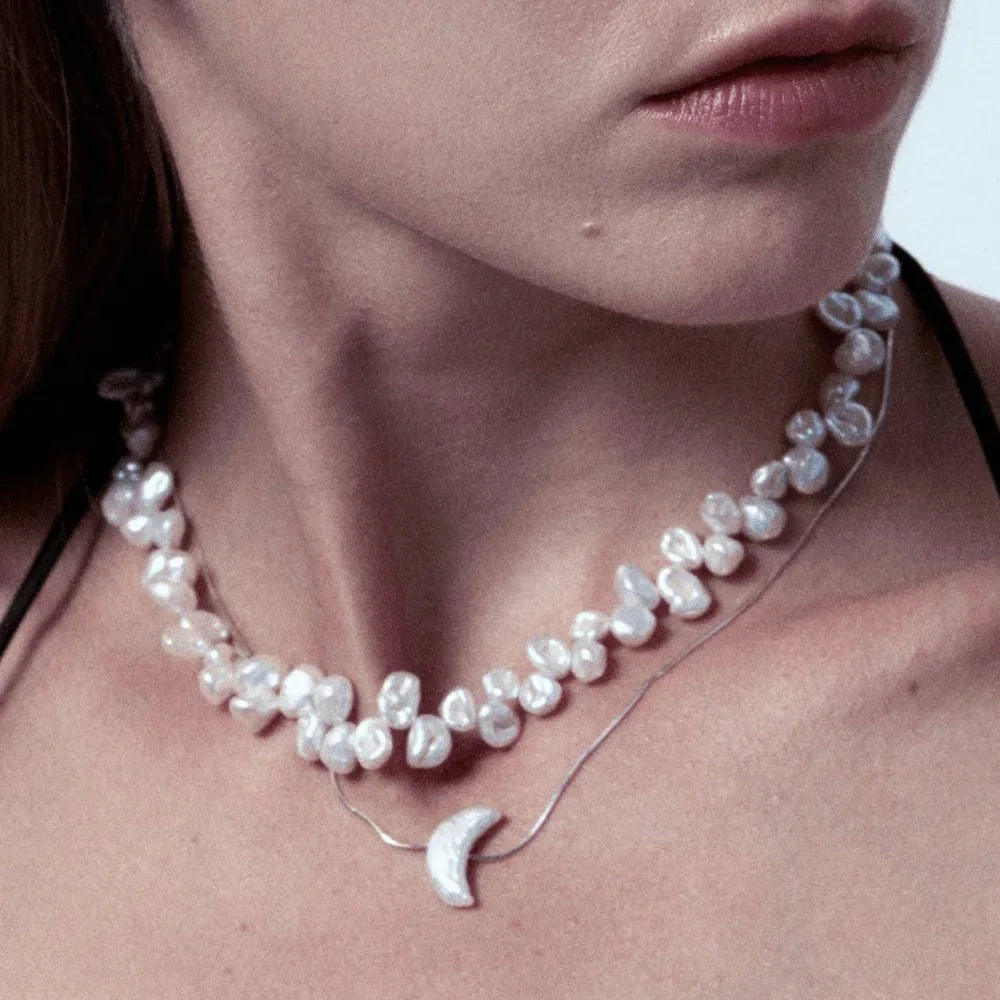 Luna White Keshi Baroque Pearl Silver Necklace model view 1