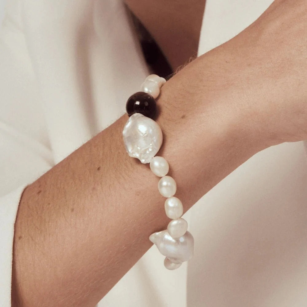 Ellen White Oval Baroque Pearl Tiger Eye Bracelet model view