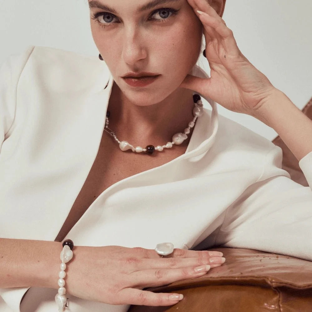 Ellen White Oval Baroque Pearl Tiger Eye Bracelet model view