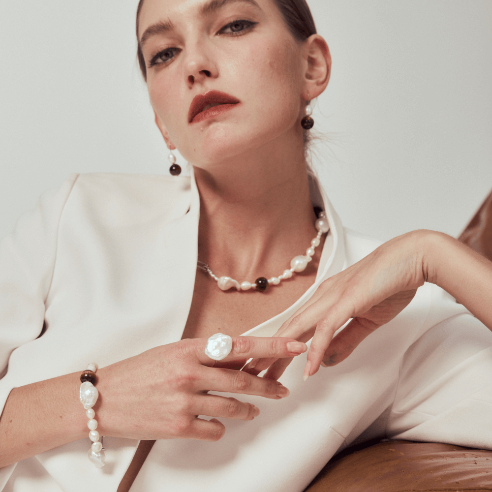 Tigo | White Oval Baroque Pearl 18k Gold Tiger Eye Earrings
