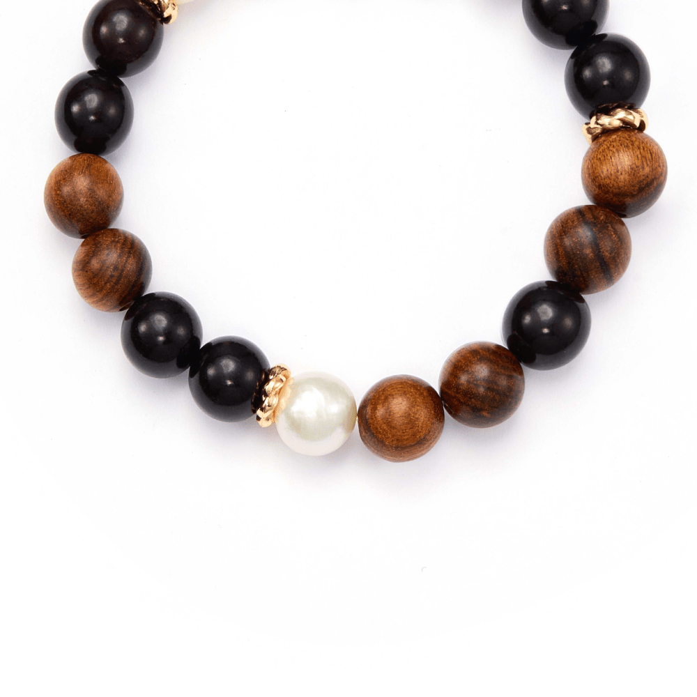 Grove | White Oval Baroque Pearl Wood Beads Bracelet