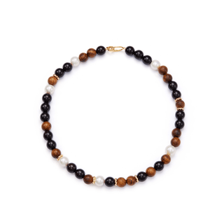 Grove | White Oval Baroque Pearl Onyx&Wood Beads Necklace