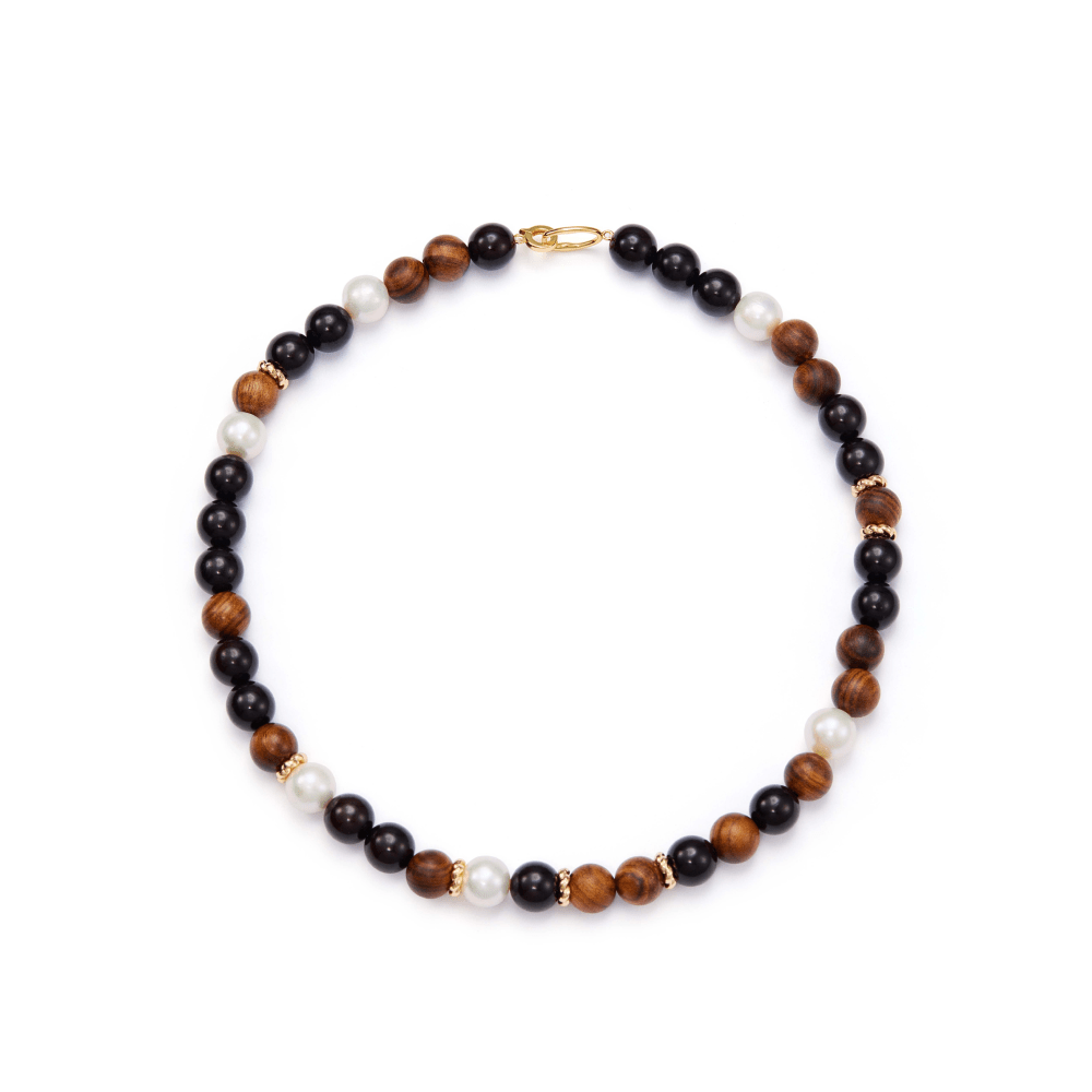 Grove | White Oval Baroque Pearl Onyx&Wood Beads Necklace