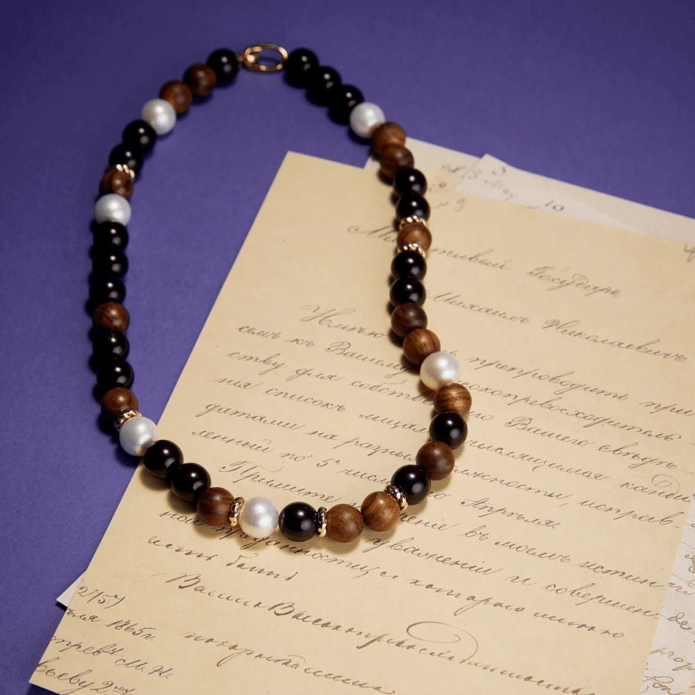 Grove | White Oval Baroque Pearl Onyx&Wood Beads Necklace