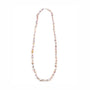 Vertical overhead minimal studio shot of full single strand purple baroque pearl necklace, uniform irregular pearl beads arranged on plain white backdrop
