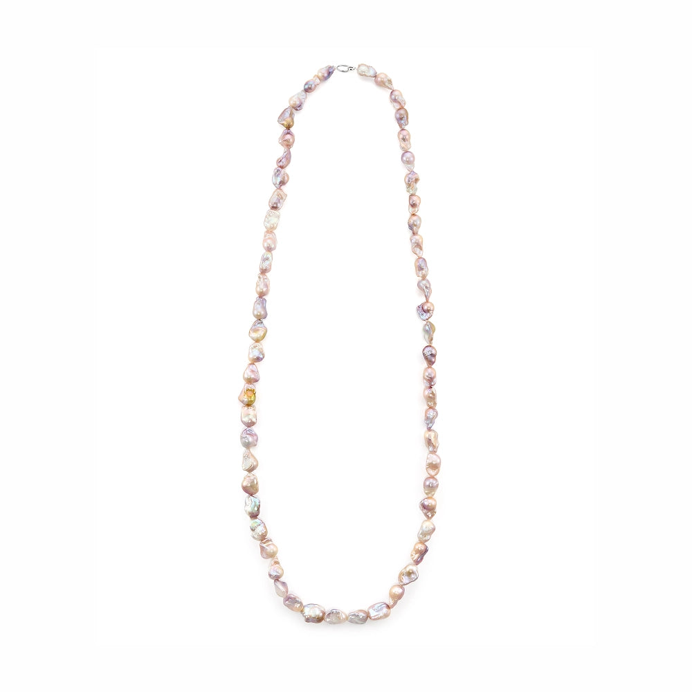 Vertical overhead minimal studio shot of full single strand purple baroque pearl necklace, uniform irregular pearl beads arranged on plain white backdrop