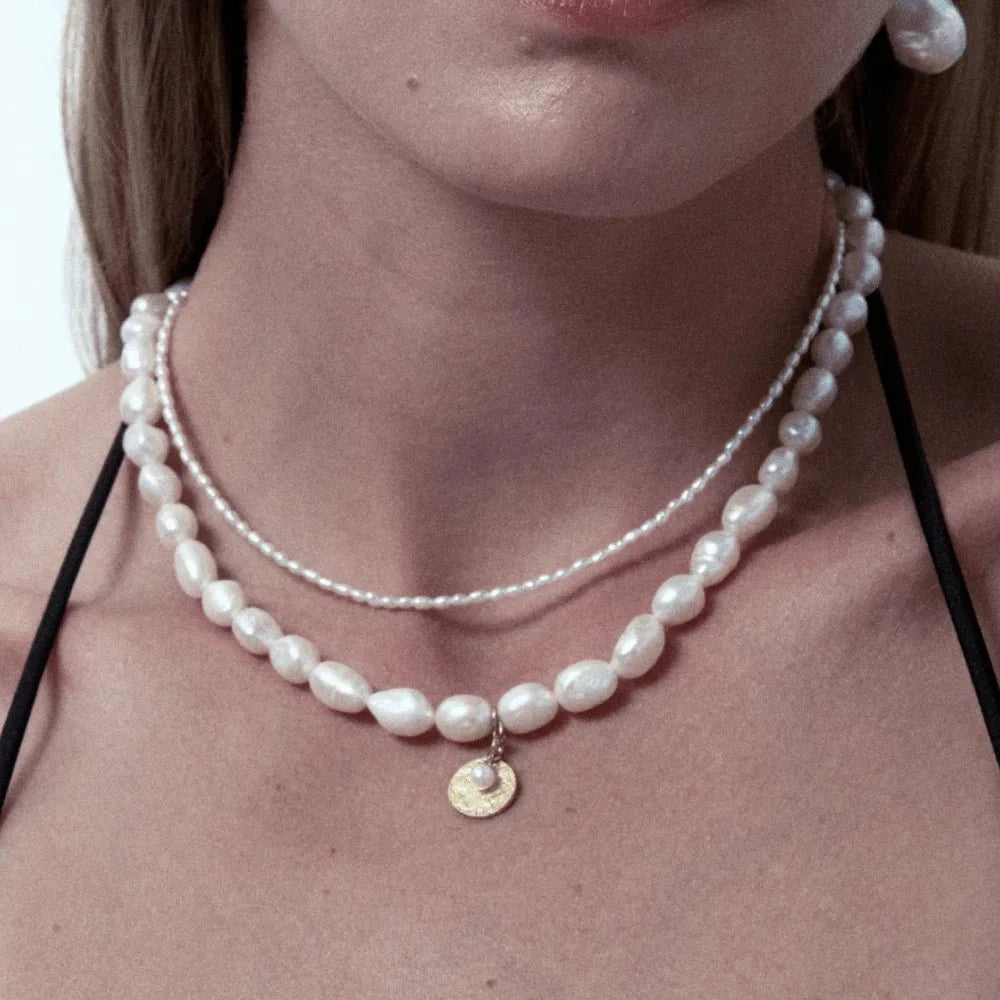 Jade | White Keshi Baroque Pearl 18k Gold Silver Necklace model view