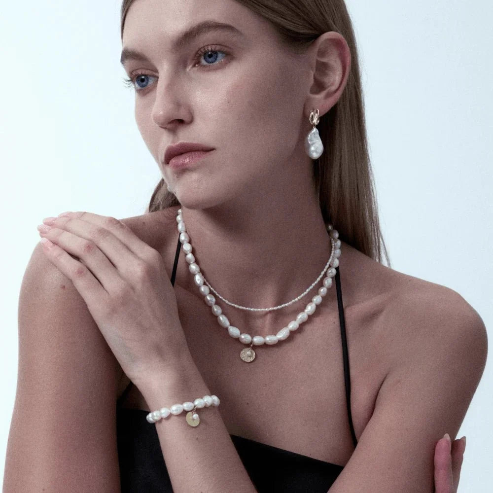 Jade | White Keshi Baroque Pearl 18k Gold Silver Necklace model view