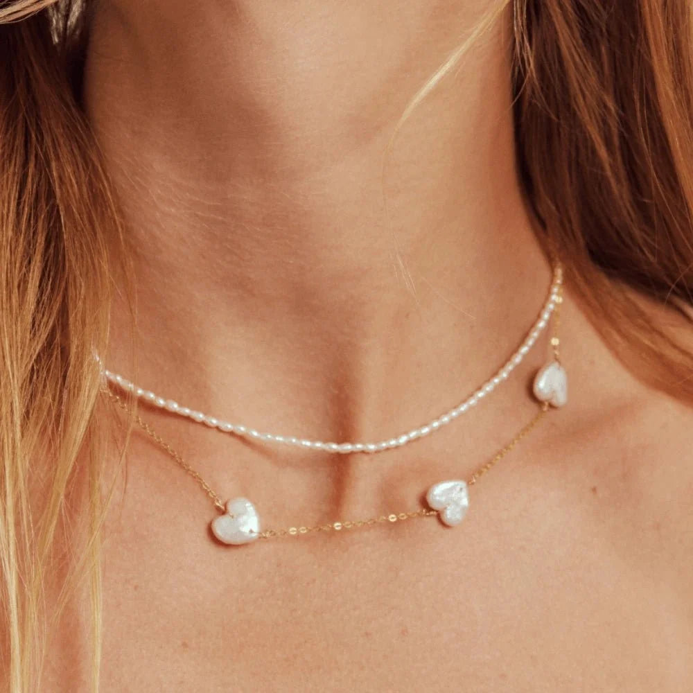 Heri White Heart Baroque Pearl 18k Gold Chain Necklace model view 1