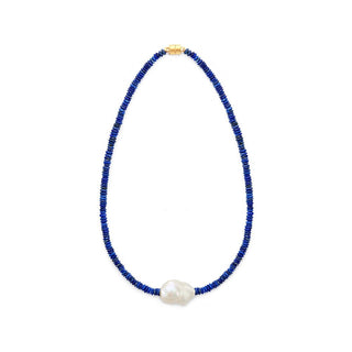 Big White Baroque Pearl Lapis Lazuli 18K Gold Plated Necklace perfect for summer vacation outfits