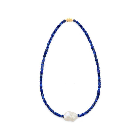 Big White Baroque Pearl Lapis Lazuli 18K Gold Plated Necklace perfect for summer vacation outfits