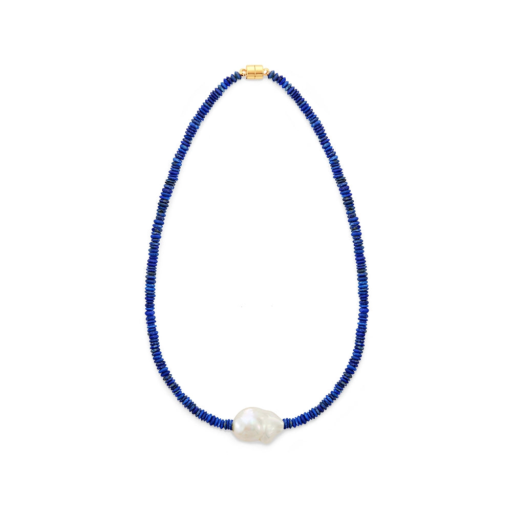 White Baroque Pearl Lapis Lazuli 18K Gold Plated Necklace