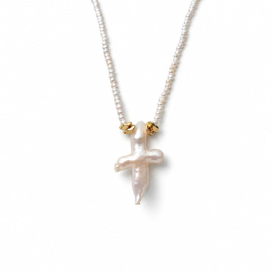 White Cross Baroque Pearl 18k Gold Pendant