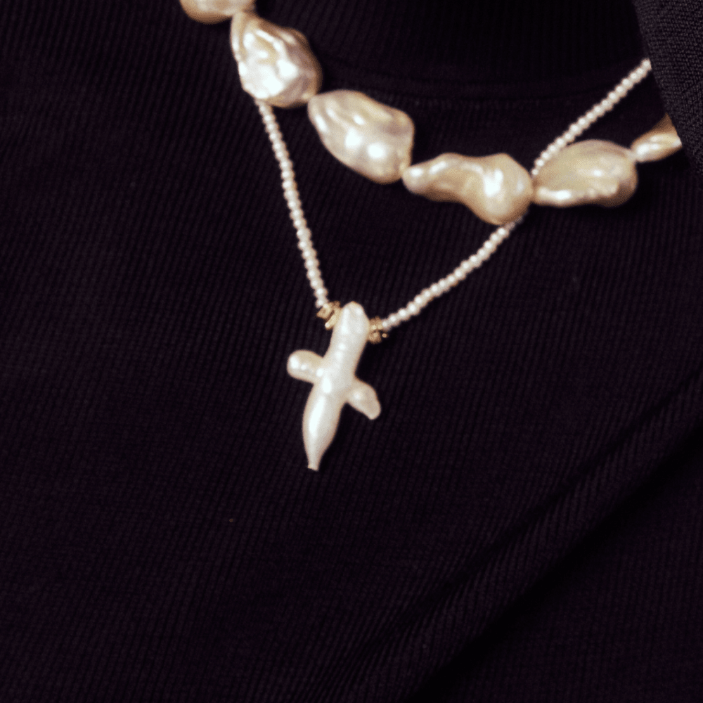 Baroque Cross Pearl With String Of Beads Pearls Pendant on model