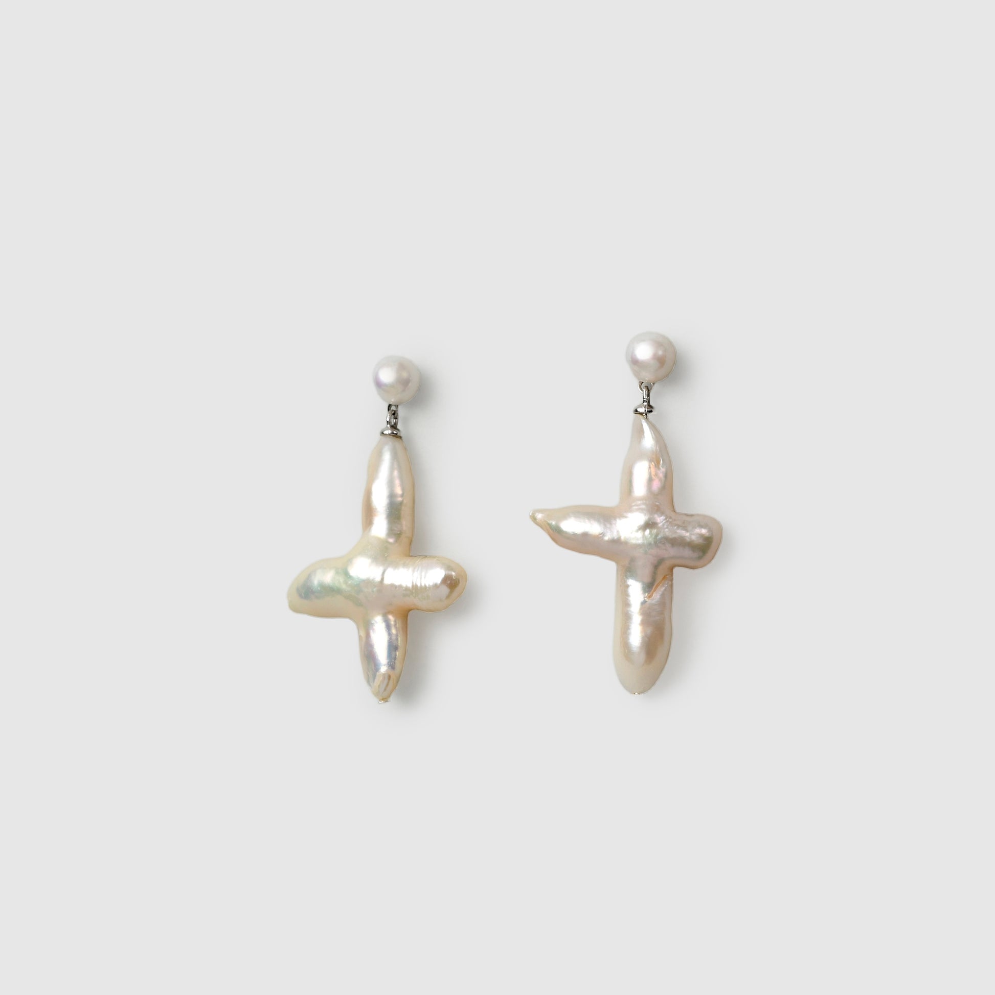 White Cross Baroque Pearl Silver Earrings close up