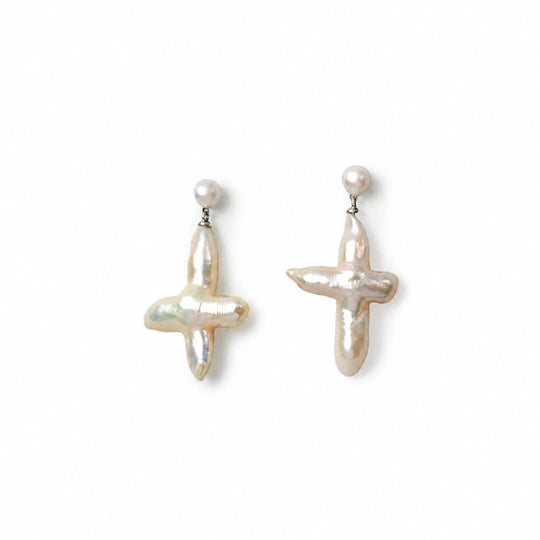 White Cross Baroque Pearl Silver Earrings