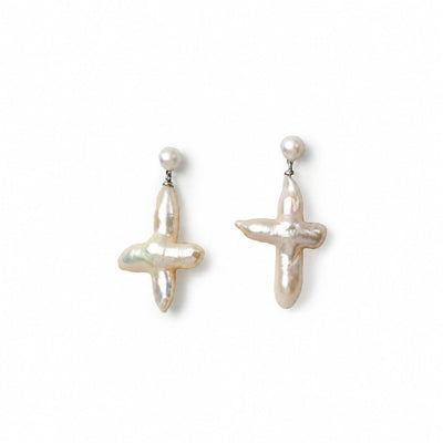 Fay | White Cross Baroque Pearl Silver Earrings
