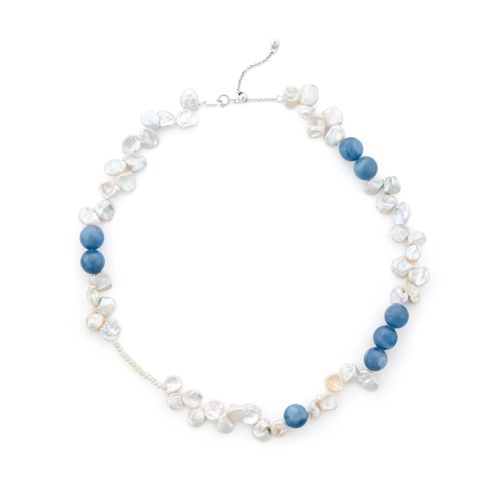 White Keshi Baroque Pearl Blue Apatite Silver Clasp Necklace