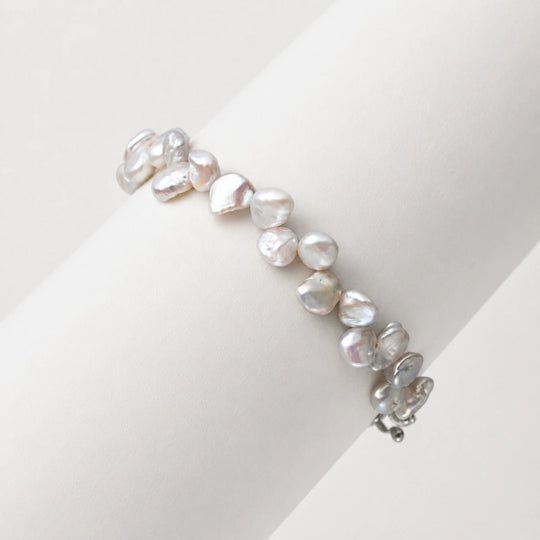 White Keshi Baroque Pearl Half Silver Chain Bracelet