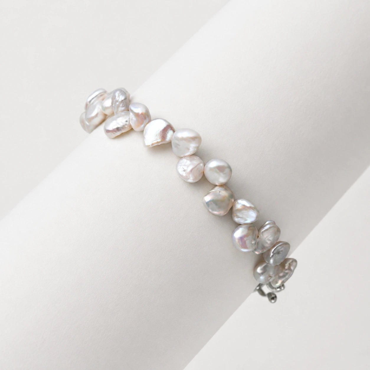 White Keshi Baroque Pearl Half Silver Chain Bracelet