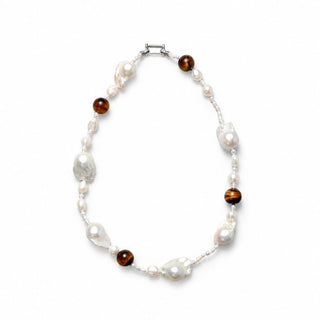 White Natural Keshi Baroque Pearl Silver Tiger Eye Mixed Stone Necklace