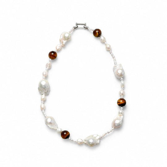 White Natural Keshi Baroque Pearl Silver Tiger Eye Mixed Stone Necklace