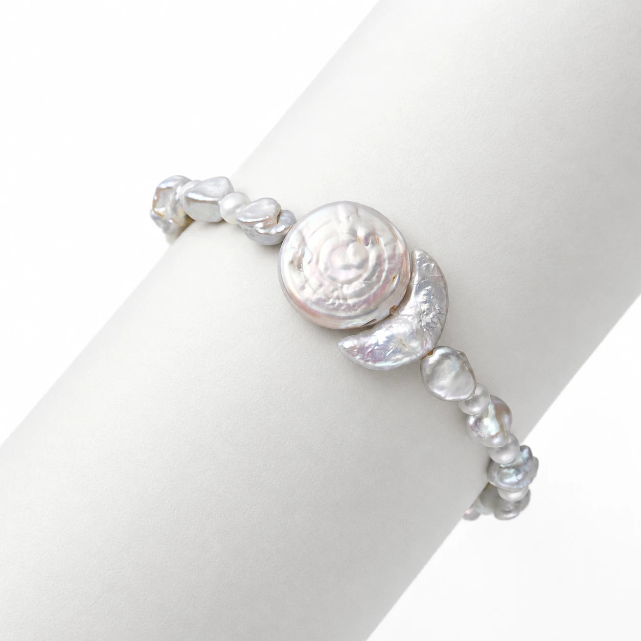 Gloo | White Button Moon Keshi Baroque Pearl Silver Bracelet