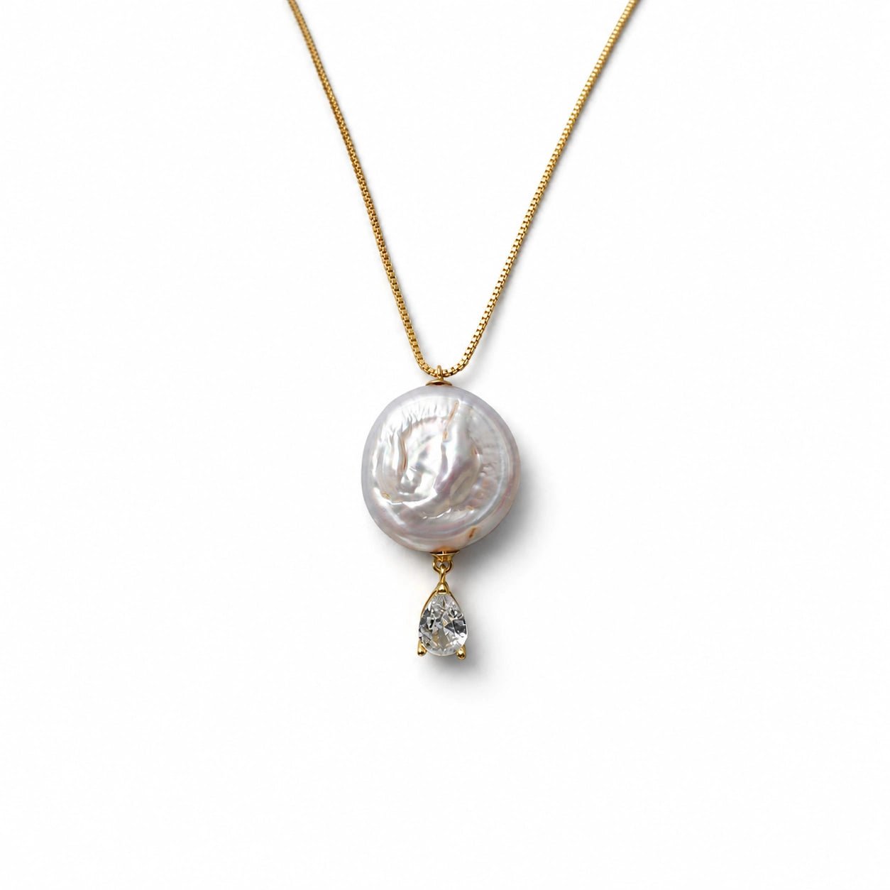 Troye | White Button Baroque Pearl 18k Gold Crystal Pendant