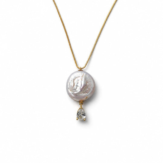 Troye | White Button Baroque Pearl 18k Gold Crystal Pendant