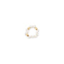 Clean white background overhead shot of elastic stretch beaded ring, lined with tiny smooth white oval freshwater pearls and polished 18k gold plated accent beads forming full circular band