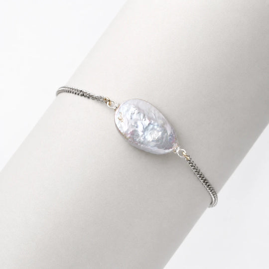 Sasai | White Drop Baroque Pearl Silver Chain Bracelet