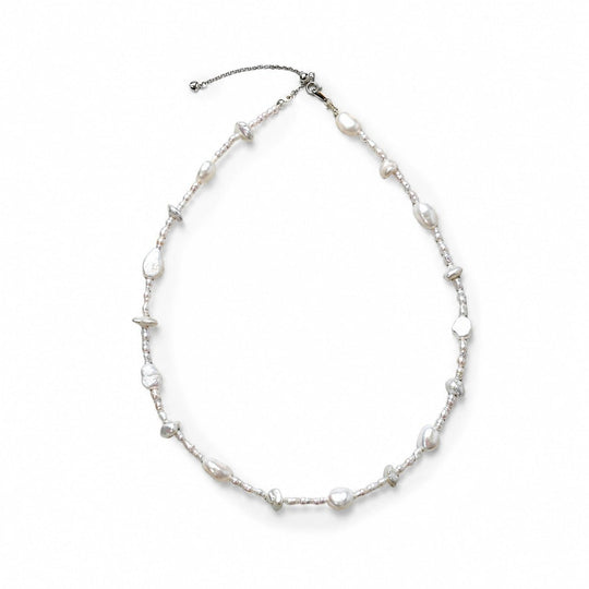 Duro | White Oval Keshi Baroque Pearl Silver Necklace