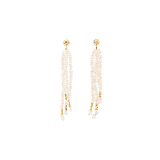Clean white background overhead shot of pair of long tassel drop earrings, multi-strand tiny smooth white oval freshwater pearls with polished 18k gold plated studs and metal accents