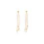 Clean white background overhead shot of pair of long tassel drop earrings, multi-strand tiny smooth white oval freshwater pearls with polished 18k gold plated studs and metal accents
