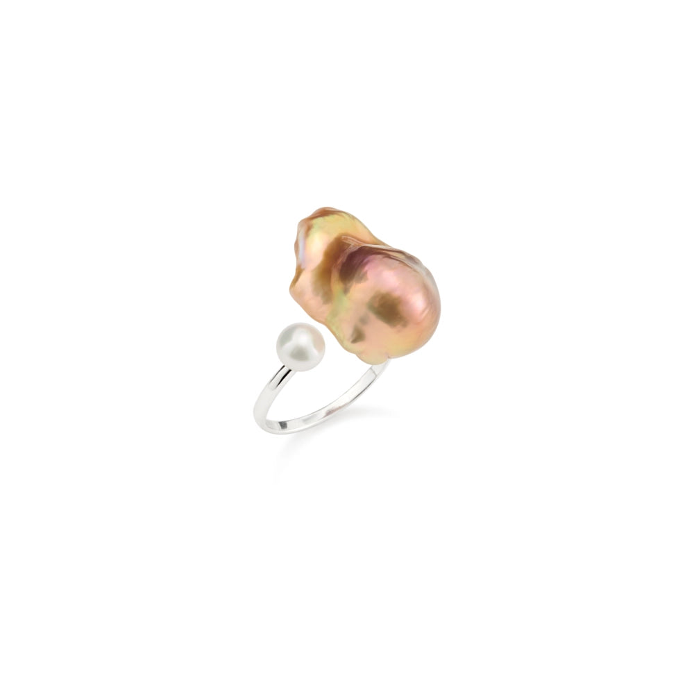 metallic luster Golden Baroque Pearl Silver Open Ring