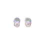 Clean white background overhead shot of pair of silver stud earrings, each fitted with one large luminous iridescent purple irregular freshwater baroque pearl