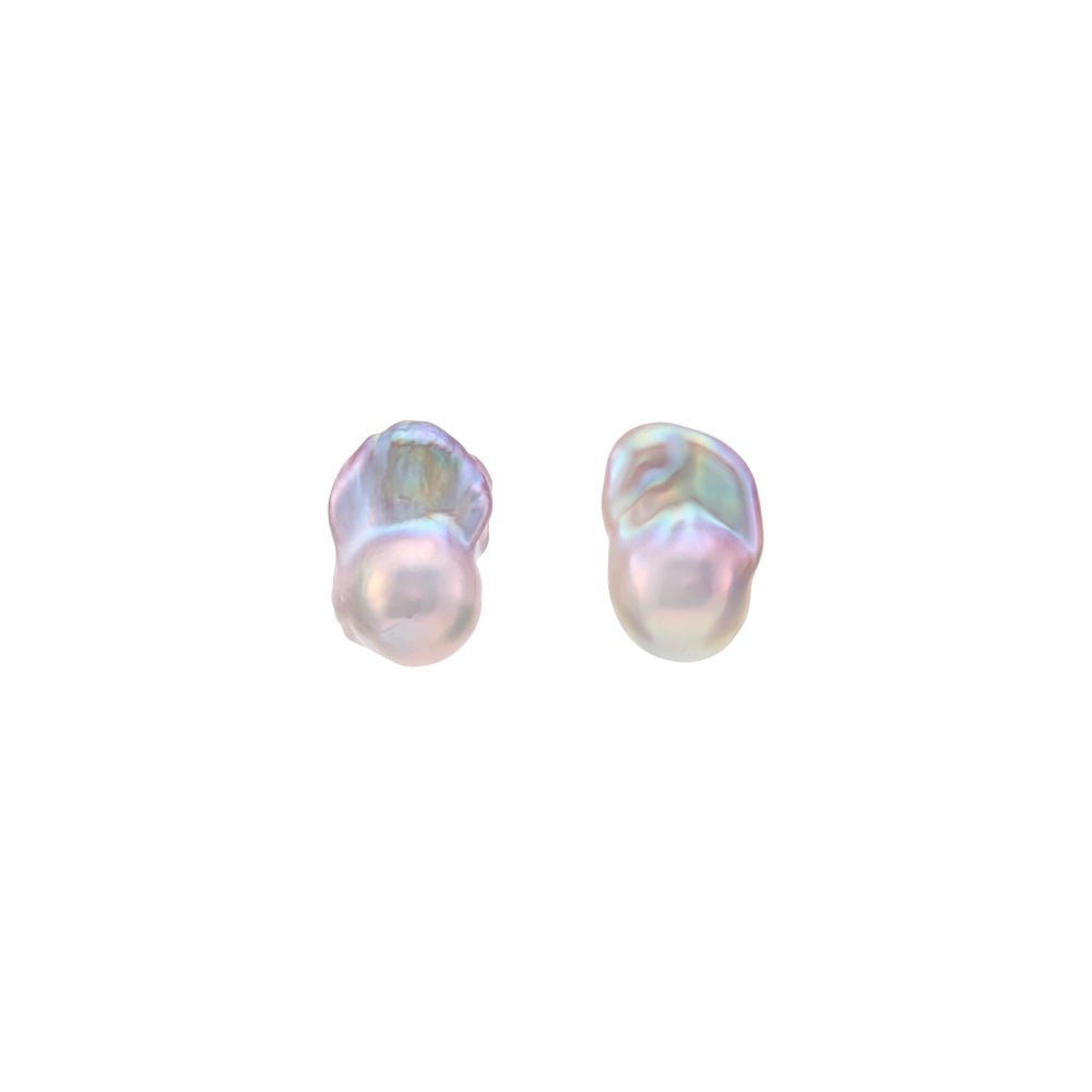 Clean white background overhead shot of pair of silver stud earrings, each fitted with one large luminous iridescent purple irregular freshwater baroque pearl