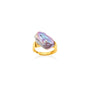 Clean white background overhead shot of 18k gold open band ring, set with one large luminous iridescent purple irregular baroque freshwater pearl focal stone