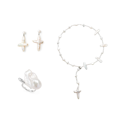 Artistic Daisy baroque pearl jewelry set with cross pearl earrings, lariat necklace & adjustable open ring. Unique organic freshwater pearls, polished silver finish, adjustable chain for everyday artistic styling.