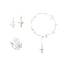 Artistic Daisy baroque pearl jewelry set with cross pearl earrings, lariat necklace & adjustable open ring. Unique organic freshwater pearls, polished silver finish, adjustable chain for everyday artistic styling.