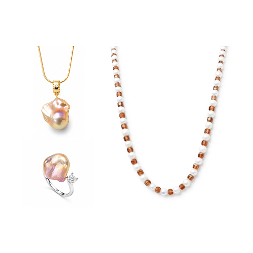 Luxury Freya mixed stone pearl set: garnet pearl strand necklace, 18k gold plated silver baroque pearl pendant, sterling silver ring with cubic zirconia. Natural garnet & freshwater pearls, dual-tone metal for refined everyday layering.