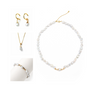 Minimal white studio flat lay of Elio mini keshi pearl 4-piece gold plated set, tiny keshi hoop drop earrings, slim snake chain keshi pendant necklace, irregular keshi pearl choker, matching delicate keshi pearl bracelet