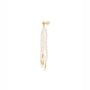 Vertical minimal white studio close up shot of single cascading multi-strand white oval pearl tassel drop earring with polished 18k gold plated hardware accents