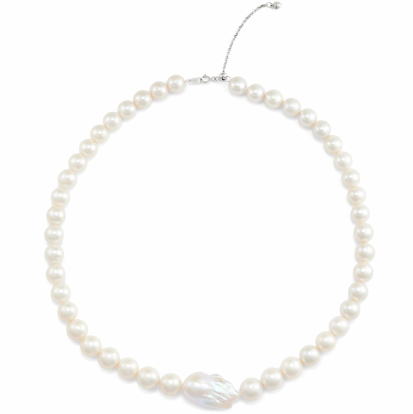 flat shot of single strand sterling silver baroque pearl choker, mixed small and large natural irregular white freshwater pearls laid evenly on smooth plain white background